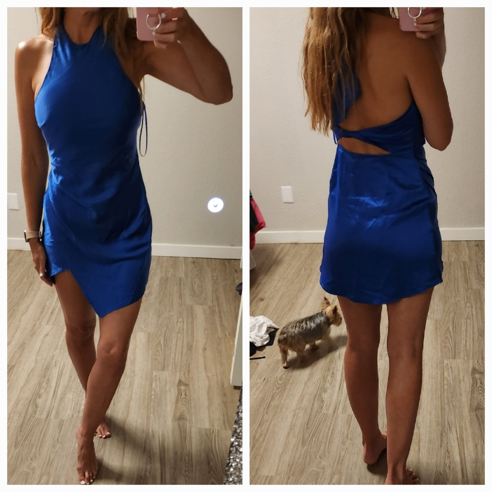 Selfie Leslie Sonoma Halterneck Faux Wrap Twist Back Mini Dress Navy - Picture 11 of 11